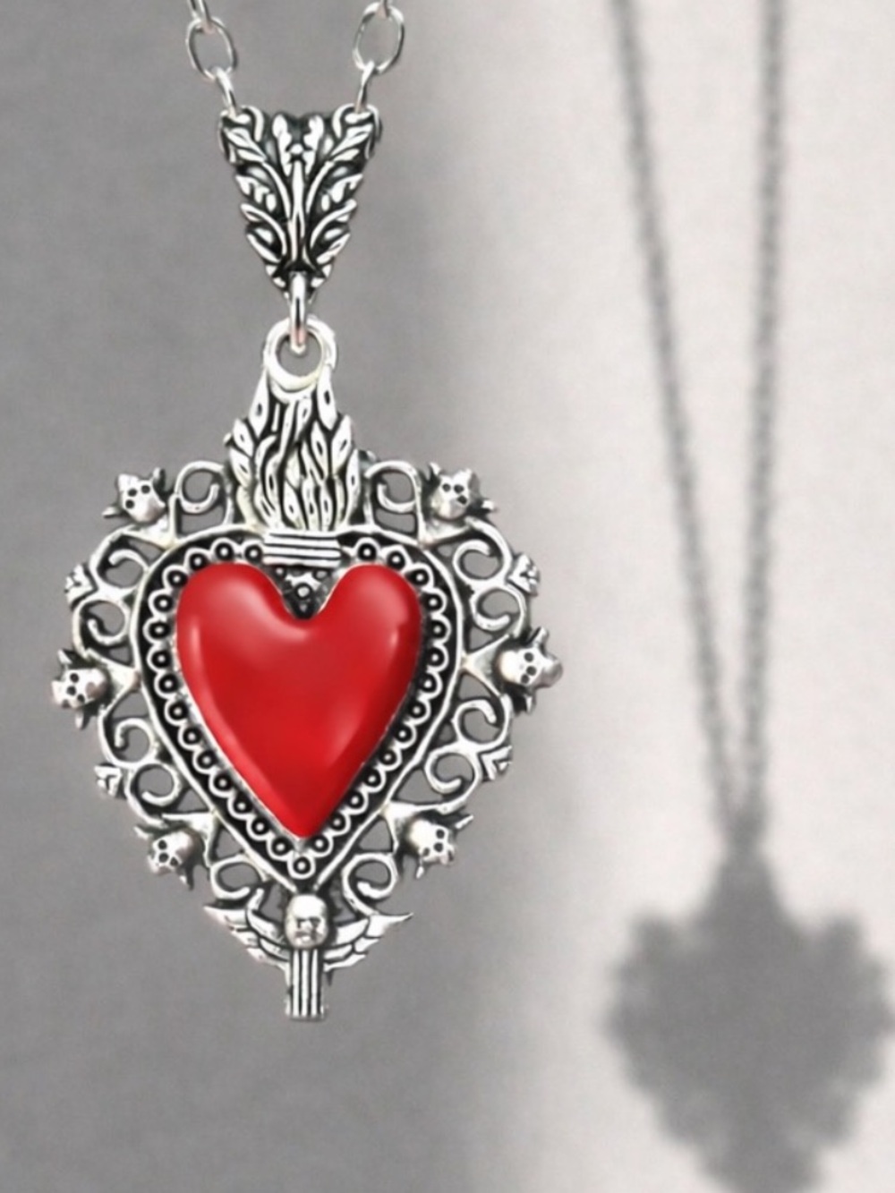 Gothic Sacred Heart Red Fiery Burning Blaze Radiant Jesus Mary Catholic Necklace